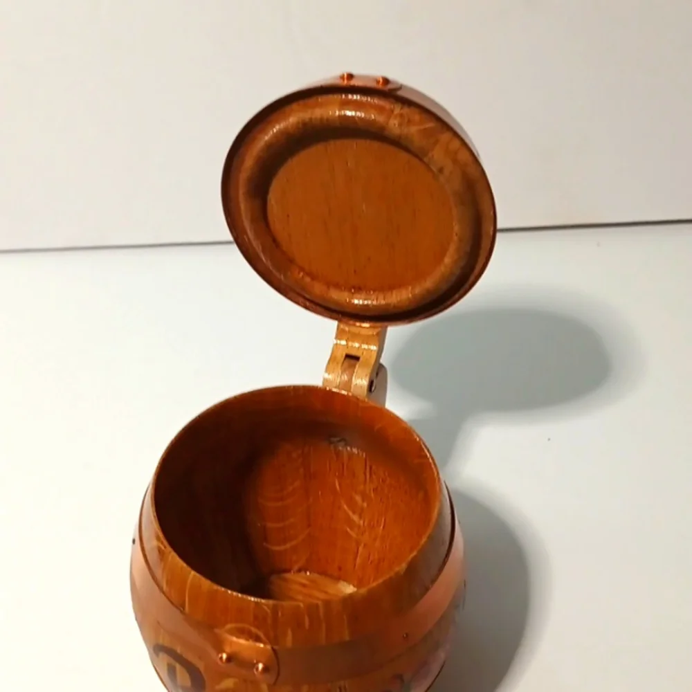 Handmade Vintage MCM Wooden Barrel Mug with Floral Design And Copper Trim